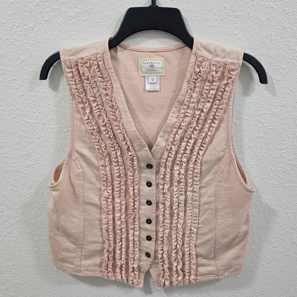 Susan Bristol Pink Ruffle Vest M | Vintage Boho Sleeveless Top 100% Cotton